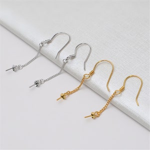 Sterling Silver Curb Chain Tassel Earring Hooks, s925 Silver Earring Hooks, Simple Earring Hooks with Tassel Cup and Peg Half Drilled Bead
