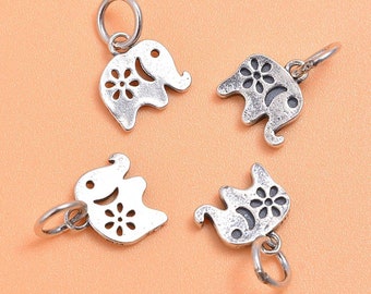 Sterling Silver Flower Elephant Charm Pendant, Safari Bracelet, Wildlife Necklace, African Earring, Elephant Lover Jewelry, Animal Charm