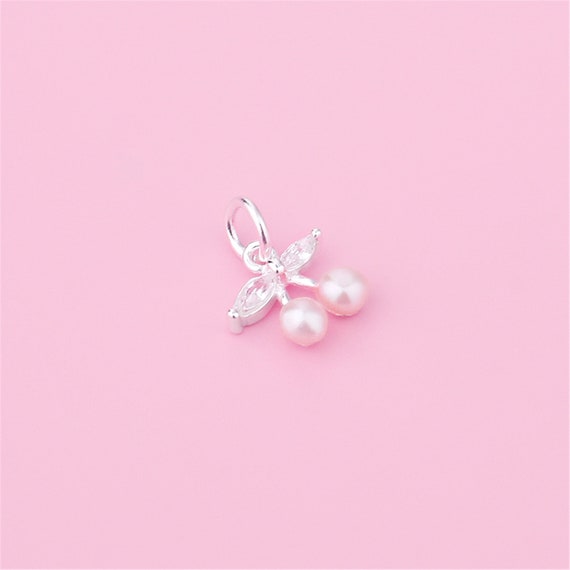 Sterling Silver Cherry Charm Pendant, Fruit Bracelet, Sweet Necklace, Botanical Earring, Pearl Jewelry, Juicy Charm, Charms In Bulk