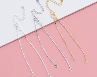 Sterling Silver Adjustable Bracelet Box Chain,925 Silver Bracelet w/ Link Loop Extender Chain for Jewelry Making, Adjustable Bracelet Chain