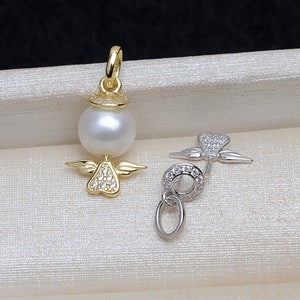 Pendentif en argent sterling, pendentif ange en argent s925 CZ pour bijoux, montures de perles à moitié percées, cheville et tasse 7 mm 8 mm 9 mm 10 mm