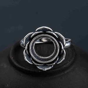 Sterling Silver Flower Ring Setting, s925 Silver Round Bezel Cup Setting, Sterling Silver Ring Blanks, Adjustable Ring Blanks 10*10mm