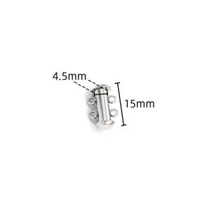 May include: A silver-toned metal jewelry clasp featuring a cylindrical body with two small loops on each side. The component is labeled with dimensions of 4.5mm for the width and 15mm for the total length, indicating its size for jewelry assembly.