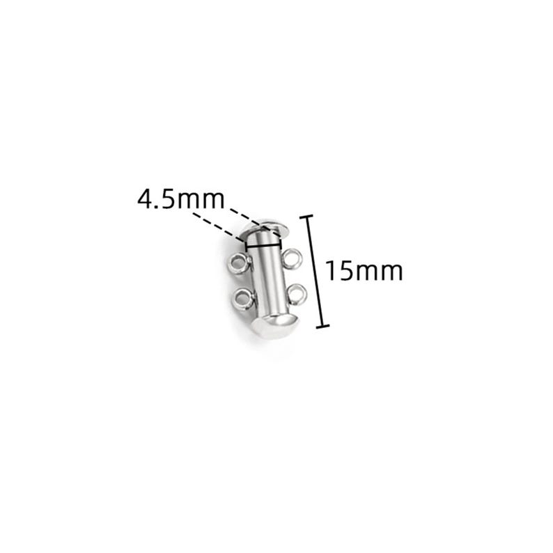 May include: A silver-toned metal jewelry clasp featuring a cylindrical body with two small loops on each side. The component is labeled with dimensions of 4.5mm for the width and 15mm for the total length, indicating its size for jewelry assembly.