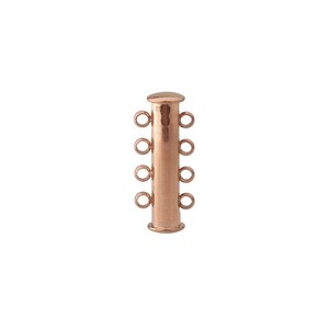 May include: A rose gold-toned cylindrical jewelry clasp featuring a smooth, polished finish. The central tube is vertically oriented and equipped with four small, circular jump rings attached to each side, totaling eight connection points for jewelry.