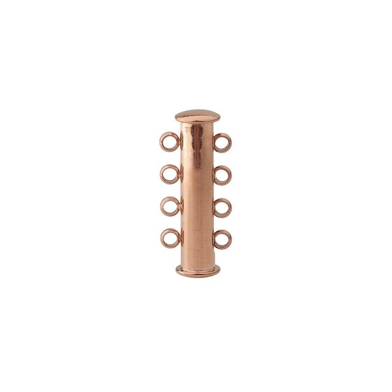 May include: A rose gold-toned cylindrical jewelry clasp featuring a smooth, polished finish. The central tube is vertically oriented and equipped with four small, circular jump rings attached to each side, totaling eight connection points for jewelry.