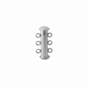 May include: A silver-toned cylindrical jewelry clasp featuring a smooth, polished finish. The component has a rounded cap at both the top and bottom ends, with three small, circular loops extending from each side for attaching jewelry strands.