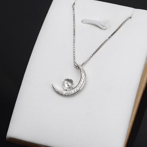 Sterling Silver Pendant Setting, s925 Silver CZ Moon Pendant Setting For Supplies,Half Drilled Round Pearl Mounts, Peg & Cup 6mm 7mm 8mm