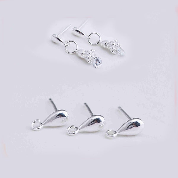 Sterling Silver Water Drop Earring Post, s925 Silver Earring Post For Jewelry Making Supplies, Simple Earring Post with Loop