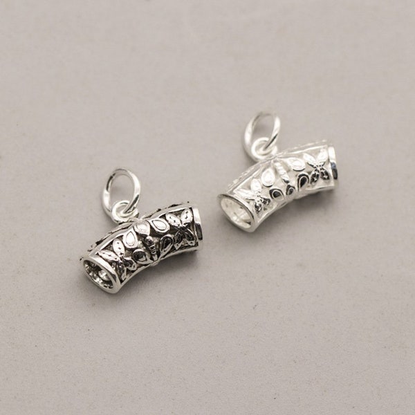 Sterling Silver Leaf Bail Bead Charm, Silver Bracelet Bead Charm, 925 Silver Charm Beads, Lead Curve Tube  Bail Charm Beads with Jump Ring