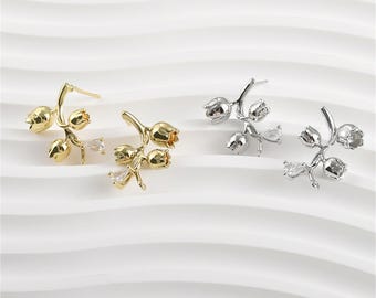 14K Gold Plated Three Flower Earring Stud w/ Loop, Flower Earring Post, Floral Earring Stud, Lily of the Valley Earring, Botanical Earring