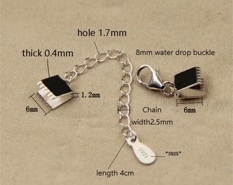 May include: Silver chain extender with a 8 mm water drop buckle and two 6 mm silver clasps. The chain is 4 cm long and 2.5 mm wide. The extender is marked "S925".
