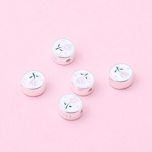 Sterling Silver Enamel Tulip Beads, Flower Bead, Nature Bead, Botanical Bead, Bloom Bead, Bracelet Spacer, Bouquet Bead, Flat Round Bead