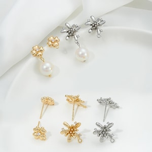 14K Gold Plated CZ Flower Earring Post w/ Loop, Floral Ear Post, Blossom Ear Stud, Clover Ear Post, Women Post Earrings, Earring Component