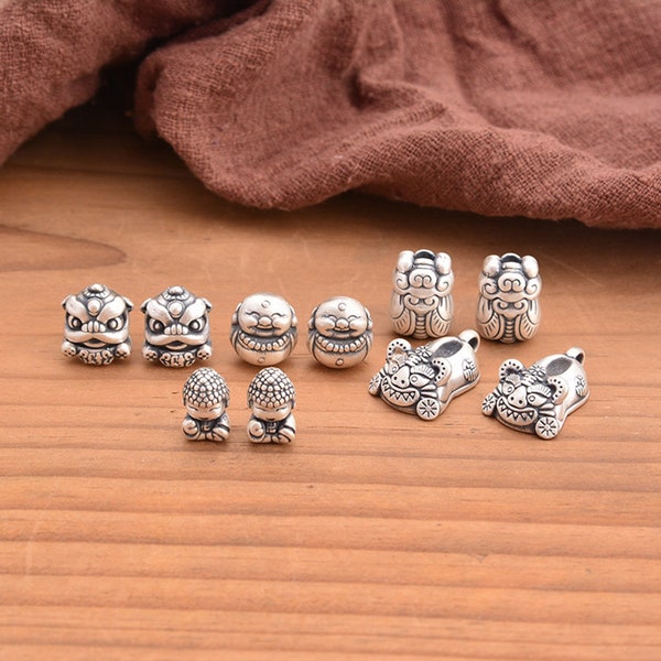 Sterling Silver Buddha Statue Beads, Cicada Bead, Lion Dance Bead, Tiger Shoe Bead, BUddhism Bead, Bracelet Spacer, Animal Bead,Festive Bead