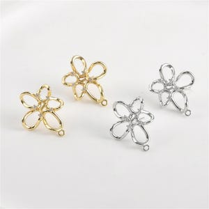 14K Gold Plated CZ Hollow Flower Earring Post w/ Loop, Floral Ear Post, Blossom Ear Stud, Ear Post, Women Post Earrings, Earring Component