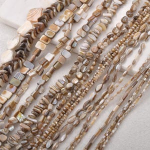 May include: Multiple strands of natural shell beads in various shapes and sizes, including square, oval, round, and irregular chips. The beads feature iridescent, pearlescent, and earthy brown tones, arranged in parallel lines on a light surface.