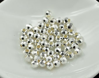 10pcs Sterling Silver Faceted Beads, Round Bead, Diamond Cut Bead, Bracelet Spacer, Shiny Bead, Disco Ball Bead 2mm 2.5mm 3mm 4mm 5mm 6mm