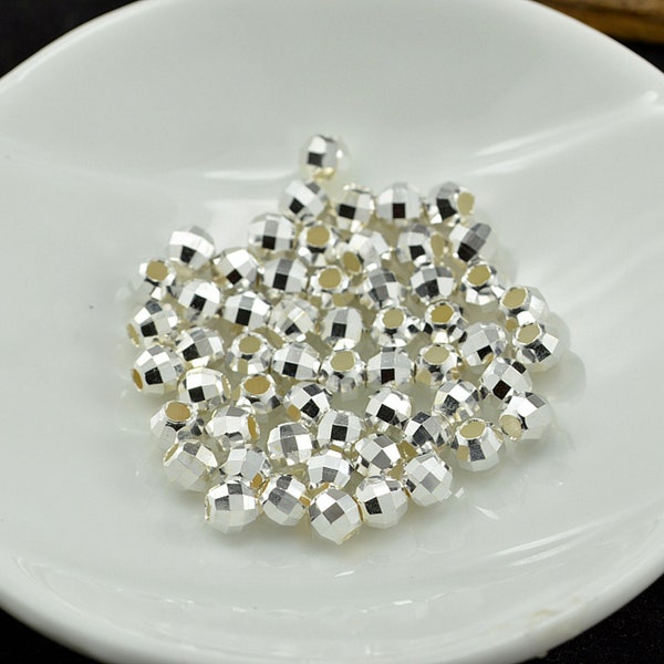 10pcs perles à facettes en argent sterling, perle ronde, perle taillée au diamant, entretoise de bracelet, perle brillante, perle boule disco 2mm 2.5mm 3mm 4mm 5mm 6mm