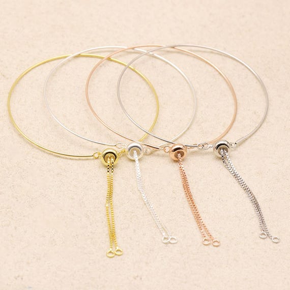 Sterling Silver Adjustable Bracelet Chains, 925 Silver Bracelet w/ Stopper Bead Closed Ring for Jewelry Making, Adjustable Bracelet Chain