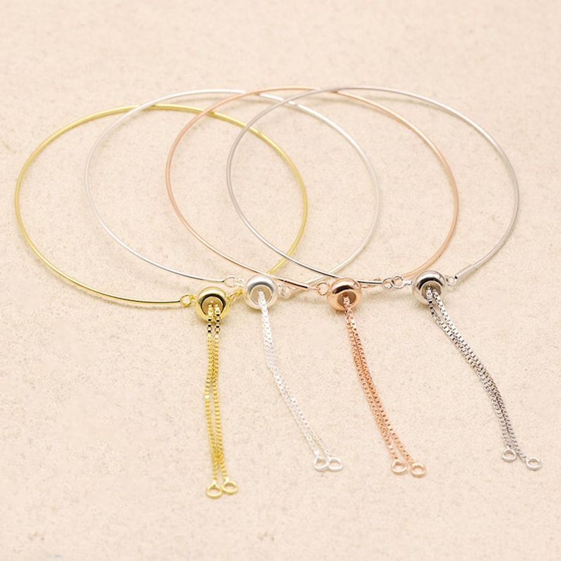 Sterling Silver Adjustable Bracelet Chains, 925 Silver Bracelet w/ Stopper Bead Closed Ring for Jewelry Making, Adjustable Bracelet Chain image 1
