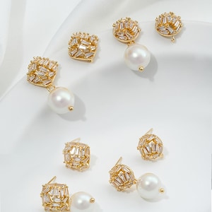 14K Gold Plated CZ Square Earring Post w/ Loop,Zircon Ear Post, Round Ear Stud, Boho Ear Post, Geometric Post Earring, Earring Component