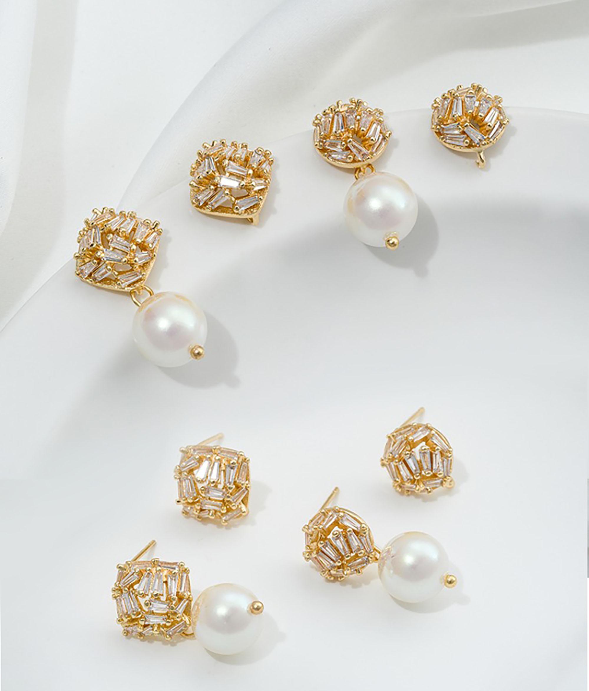 14K Gold Plated CZ Square Earring Post w/ Loop,Zircon Ear Post, Round Ear Stud, Boho Ear Post, Geometric Post Earring, Earring Component