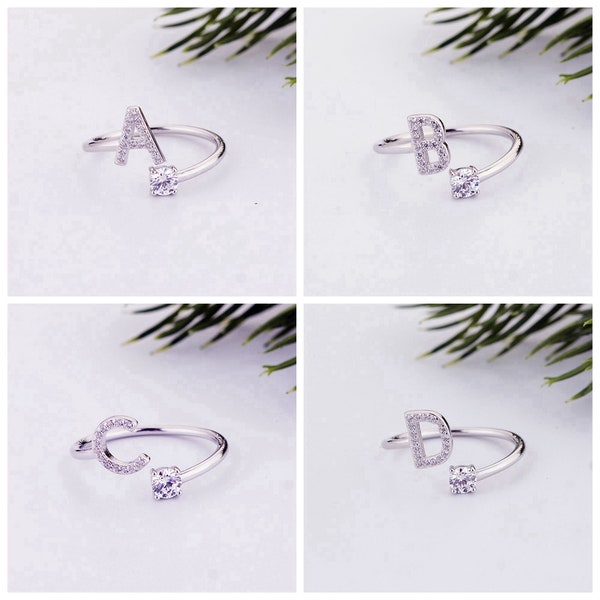 Sterling Silver Initial Ring w/ CZ Zircon, Open & Adjustable Letter Rings, Alphabet Ring, Minimalist Ring, Gift for Birthday