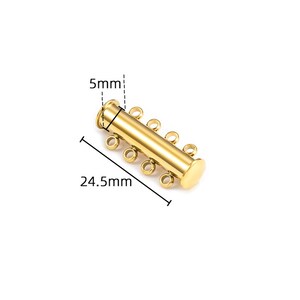 May include: A gold-toned cylindrical jewelry clasp featuring four small loops on each side for connecting multiple strands. The component measures 5mm in width and 24.5mm in length as indicated by the technical measurement lines shown in the image.