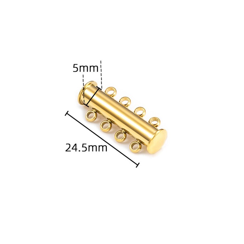 May include: A gold-toned cylindrical jewelry clasp featuring four small loops on each side for connecting multiple strands. The component measures 5mm in width and 24.5mm in length as indicated by the technical measurement lines shown in the image.
