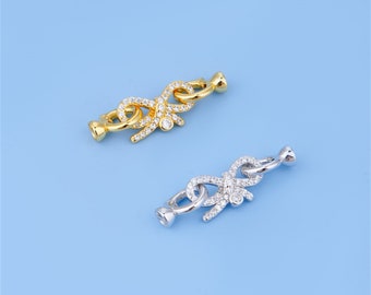 Chiusura con perla a nastro in argento sterling CZ con cappuccio terminale del cavo, chiusura con perla in argento 925 con connettore ad arco per braccialetto di perle, connettore con cavo in pelle