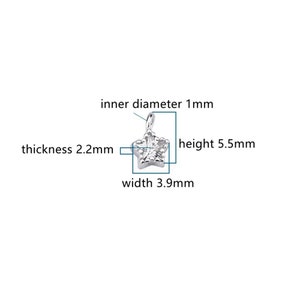 May include: Silver star charm with a clear crystal center. The charm is 5.5 mm high, 3.9 mm wide, and 2.2 mm thick. The inner diameter of the loop is 1 mm.