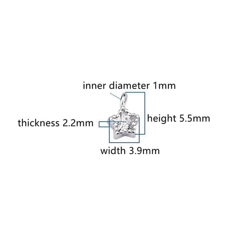 May include: Silver star charm with a clear crystal center. The charm is 5.5 mm high, 3.9 mm wide, and 2.2 mm thick. The inner diameter of the loop is 1 mm.