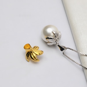 Sterling Silver Pendant Setting, Silver Leaf Cup Pendant Setting For Jewelry Supplies, Half Drilled Pearl Mounts Flower Cap 11mm 12mm 13mm