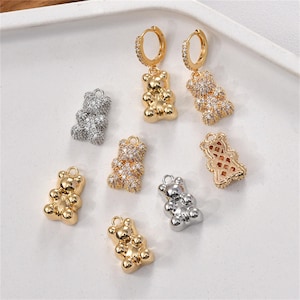 14K Gold Plated CZ Bear Charm Pendant, Cartoon Bear Bracelet, Bear Necklace, Cute Bear Earring, Children's Jewelry, Animal Charm