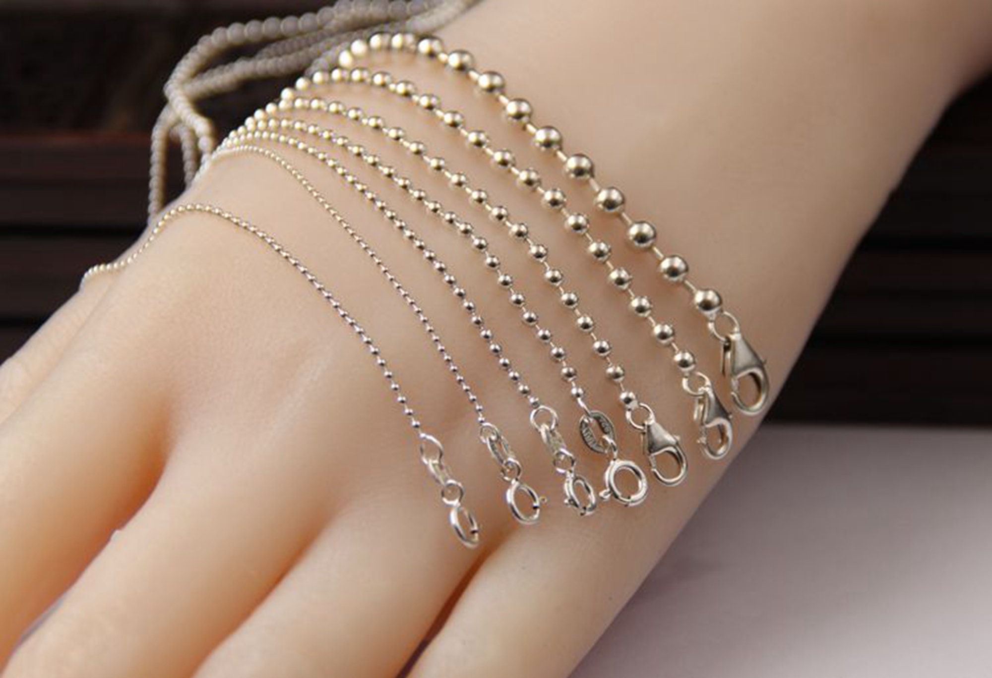 Collana A Catena In Argento Sterling 925 Con Perline A Sfera In Argento Sterling 925, Calibro 3 Mm, 81,3 Cm, Argento Sterling, Senza Pietre Preziose