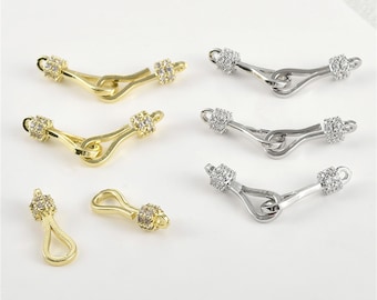 14K Gold Plated CZ Hook and Eye Clasps, Fish Hook Clasps, Hook and Eye Connector, Oval Link Connector, Clasp Connector for Necklace 42*6.9mm