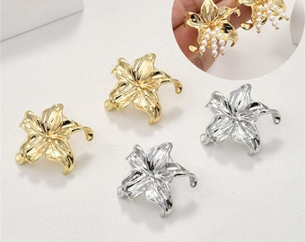 14K Gold Plated Flower Earring Post w/ Loop, Floral Ear Post, Blossom Ear Stud, Delicate Ear Post, Women Post Earrings, Earring Component
