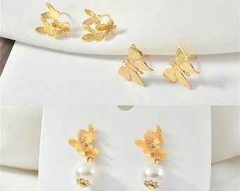 18K Gold Plated Butterfly Earring Post w/ Loop, Hollow Butterfly Ear Post, Insect Ear Stud, Animal Ear Post, Post Earring, Earring Component