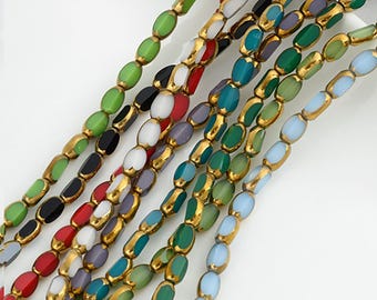 Faceted Glass Oval Rice Beads with Gold Rim, Colorful Glaze Loose Beads, Gold Edged Rice Beads, DIY Jewelry Making Supplies, Full Strand 7mm