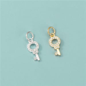 Sterling Silver Key-shaped Charm Pendant, Padlock Key Bracelet, Door key Necklace, Cottage key Earring, CZ Key Jewelry, Sparkling Charm