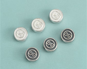 Sterling Silver Yin and yang Beads, Tai Chi Bead, Taoism Bead, Balance Bead, Bracelet Spacer,Meditation Bead,Divination Bead,Flat Round Bead