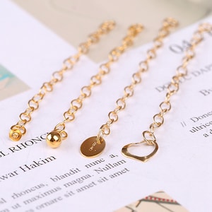 14K Gold Filled Chain Extensions, Gold Filled Cable Extender Chain For Bracelet w/ Drop Charm Jewelry Making Supplies, Heart Zircon Oval Tag