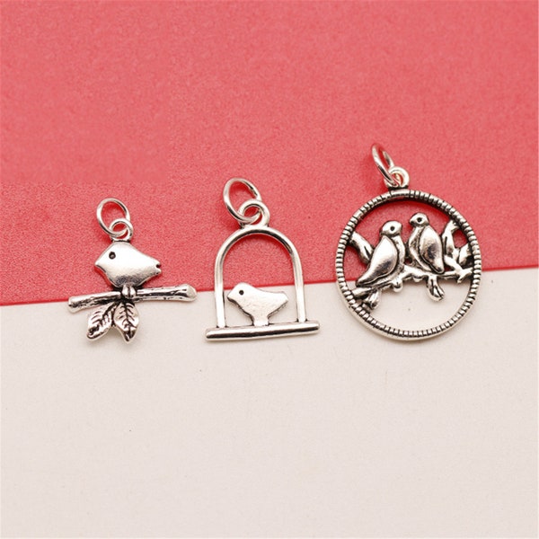 Sterling Silver Bird Charm Pendant, Magpie Bracelet, Birdcage Necklace, Nature Earring, Animals Jewelry, Cage Charm, Charms In Bulk