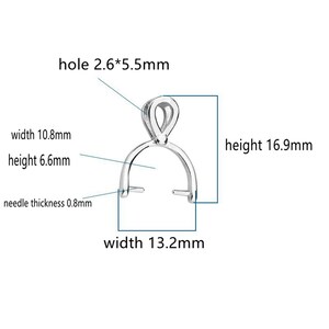 May include: A silver-colored pendant bail with measurements. The bail has a loop at the top and a curved base with two prongs. The hole is 2.6*5.5mm, width 0.42 inches, height 0.26 inches, needle thickness 0.03 inches, width 0.52 inches, and height 0.67 inches.