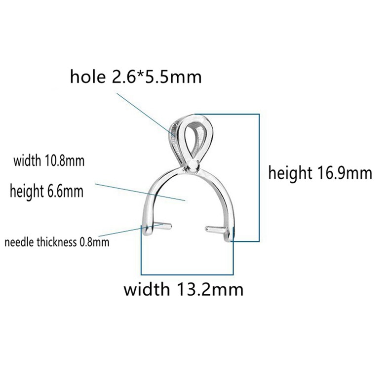 May include: A silver-colored pendant bail with measurements. The bail has a loop at the top and a curved base with two prongs. The hole is 2.6*5.5mm, width 0.42 inches, height 0.26 inches, needle thickness 0.03 inches, width 0.52 inches, and height 0.67 inches.
