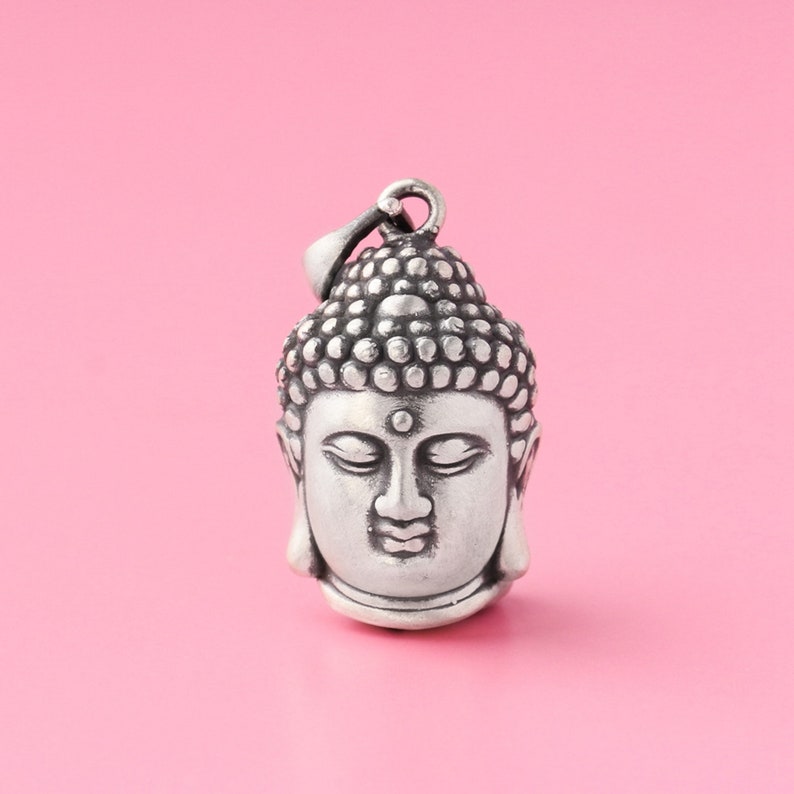 Colgante de cabeza de Buda de plata esterlina, pulsera budista, collar de estatua, pendiente de amuleto, joyería religiosa, encanto de meditación imagen 1