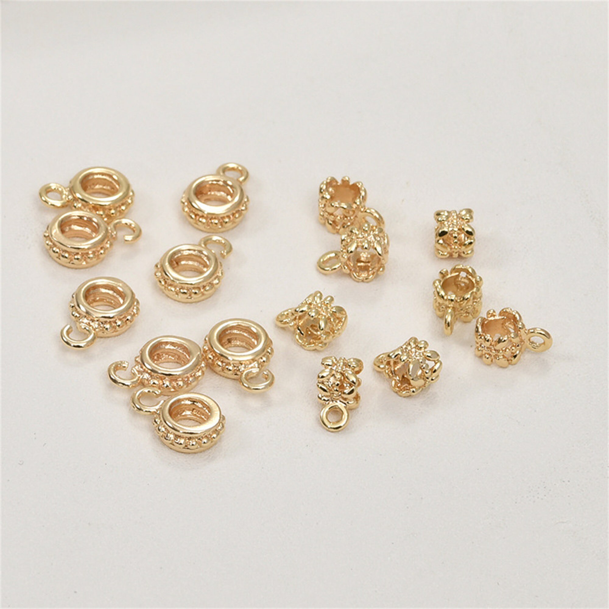 18K Gold Plated Leaf Bail Beads Spacers w/ Loop, Gold Tone Dot Bail Spacer, Pony Bead, Donut Bead, Large Hole Beads, Bracelet Beads