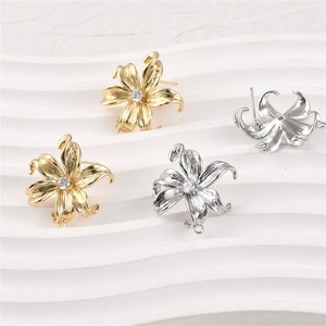 14K Gold Plated CZ Flower Stud Earring With Single Loop, Dainty Blossom Design, Garden Petal Earring, Floral Stud Earring, Earring Component