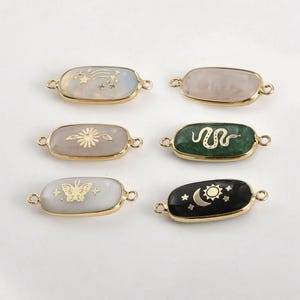 Gold Plated Oval Stone Connector Charm, Moon & Sun Bracelet, Butterfly Necklace, Oval Drop Earring, Gemstone Jewelry, Quartz Flower Charm